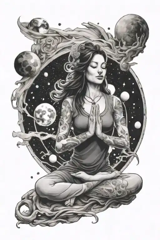 Celestial Scene Of A Cosmic Female Meditating In A Tranquil Space Setting