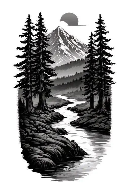 Tall Trees With River Running Between Them And A Mountain In The Background