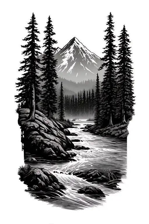 Tall Trees With River Running Between Them And A Mountain In The Background