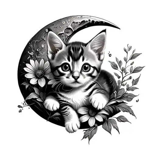 Kitten With Simple Lines Laying On A Half Moon With Loutus Flowers