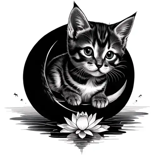 Simple Small Design Kitten Laying On Half Moon With Lotus Flower