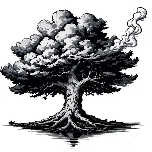 Tree With Big Cloud Of Smoking Above