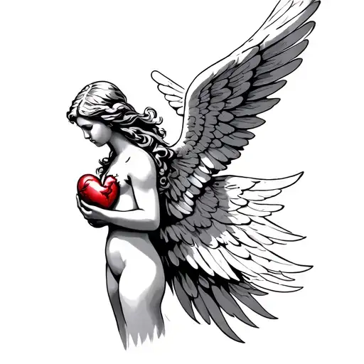 Angel From The Side With Wings Spread Holding A Human Heart