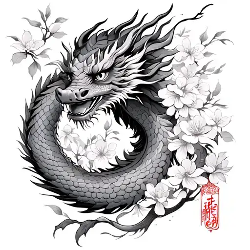 Chinese New Year Dragon With Buddism Peace Sign And Cherry Blossom In The Background