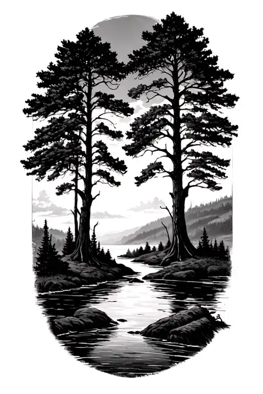 Tall Trees With River Running Between Them And A Sky View