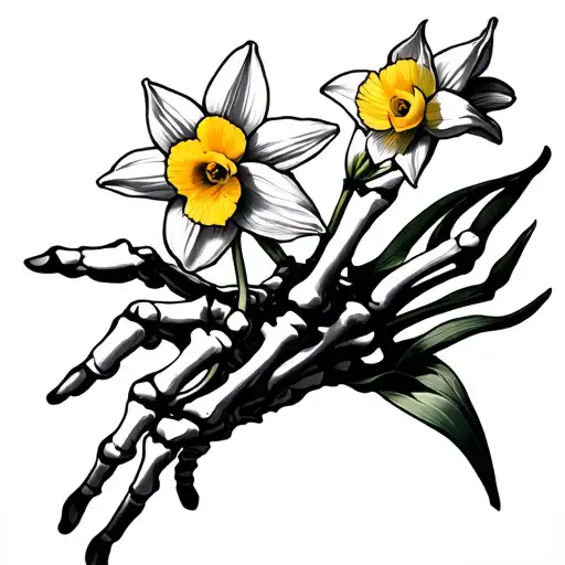 Fine Line Skeleton Hand Letting Go Of A Daffodil
