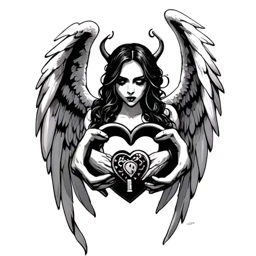 Seductive Evil Angel Holding Heart Shaped Lock