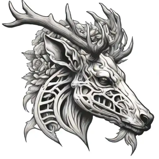 Deer Head Skeleton Tattoo Design For Hand Holding