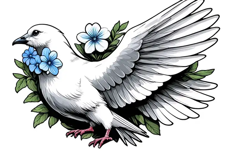 White Dove Holding A Forget Me Not Flower In It's Mouth