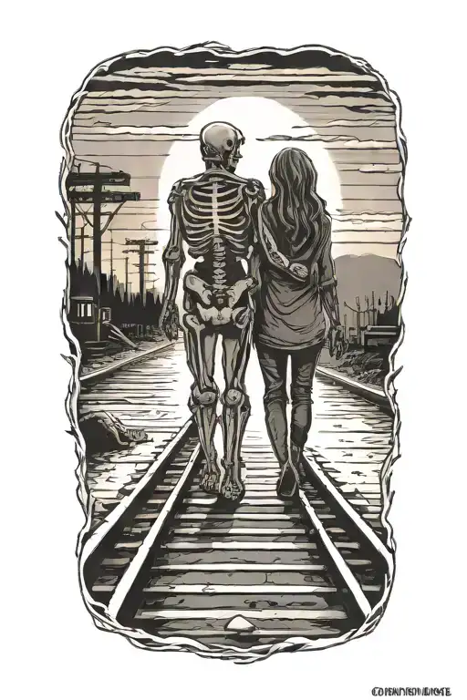 A Skeleton Couple Walking On Train Tracks Towards A Glowing Sunset Holding Hands