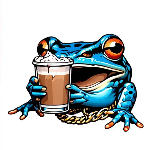 Black And Blue Frog Holding An Iced Coffee With A Gold Chain On The Neck