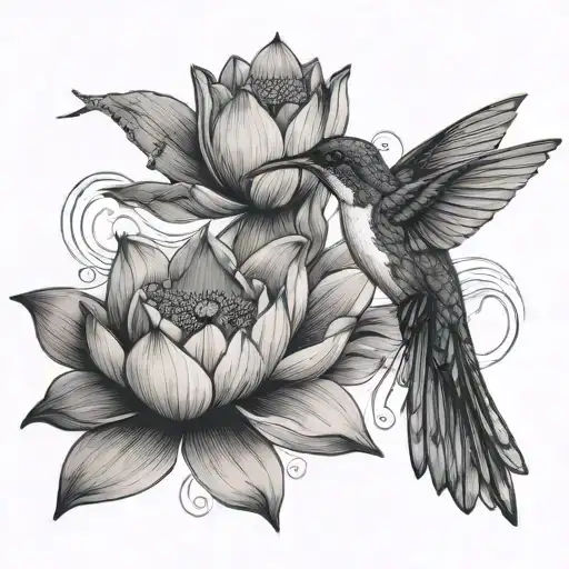 Lotus Flower And Hummingbird Feeding