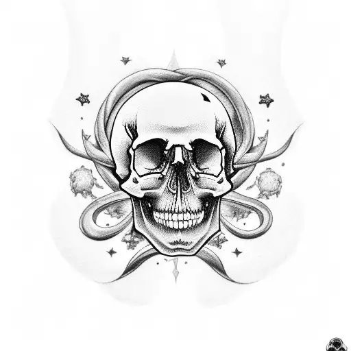 A Black And Grey Tattoo Featuring A Skull Made Of Ocean Waves And Stars