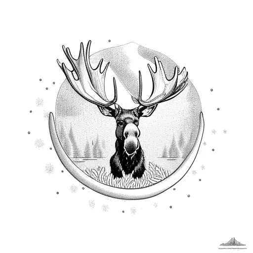 A Moose On Water With Tall Pines And An American Flag