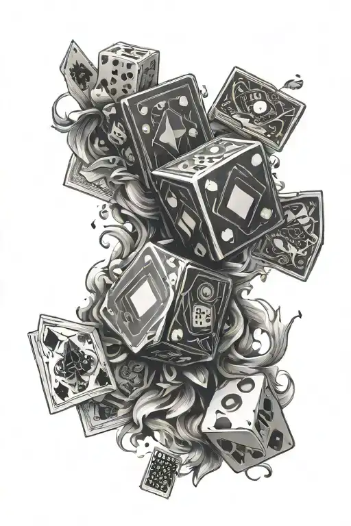 Generate An Arm Tatto In Black And White Of A Combination Between Cards And Dice