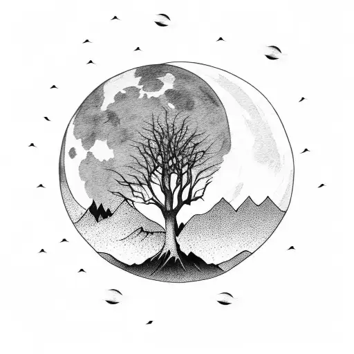 Trees With Mountains In The Background Under A Blood Moon