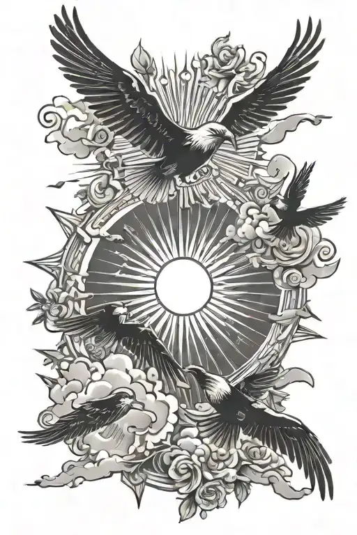 Sun Rays Beaming Through Dark Clouds With Birds Flying