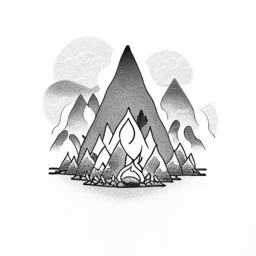 A Campfire On The Beach Surrounded By Mountain Peaks