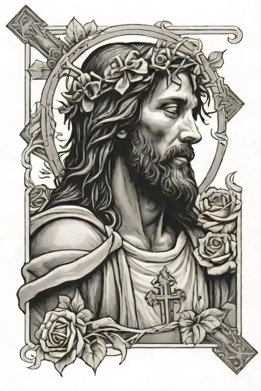 Jesus Praying With A Cross Behind And Roses