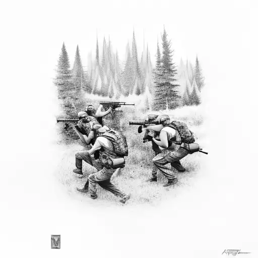A Black-grey Tattoo Of A Group Of Friends Playing Airsoft In A Forest Setting