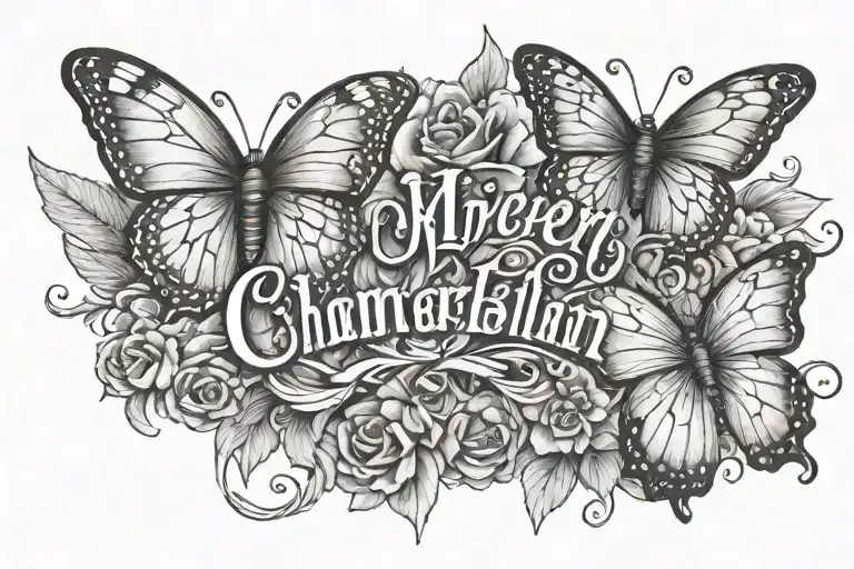 The Word Chamberlain In Cursive With Little Butterflies Around It And A Stick Of Flowers