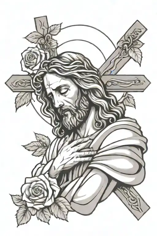 Jesus Praying With A Cross Behind And Roses