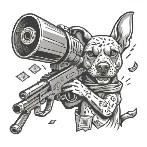 Dog Holding Machine Gun And Money Raining