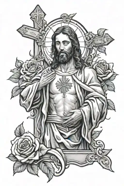 Jesus Praying With A Cross Behind And Roses