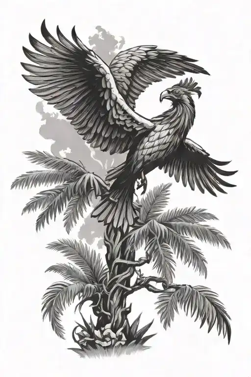 Phoenix Bird Flying High Above A Date Palm Tree