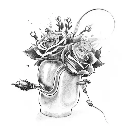 A Black-grey Tattoo Design Of A Classic Car With A Bouquet Of Flowers Coming Out Of The Exhaust Pipe