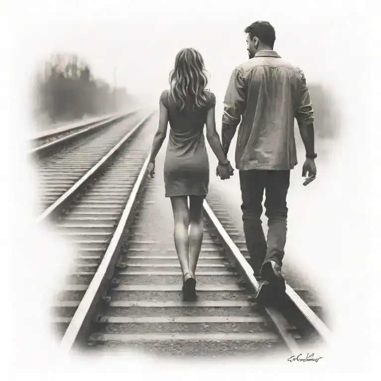 Couple Holding Hands Walking On Train Tracks Forming The Shape