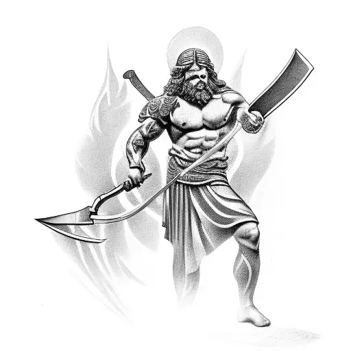Create A Tattoo Featuring A Greek God Forging A Sword In A Black-grey Style