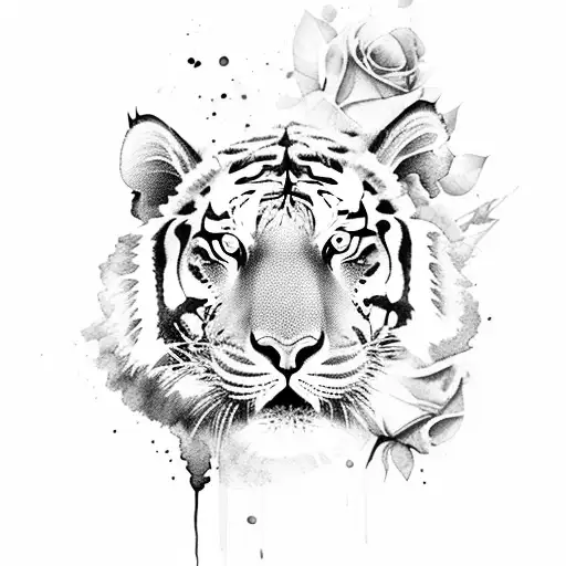 Watercolor Tiger With Roses