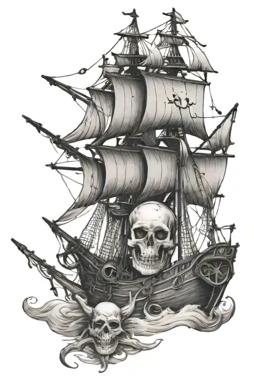 Tattoo From Shoulder To Wrist Skeleton Pirate With Lantern Pirate Ship Megalodon