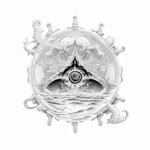 An Intricate Black-grey Design Of The Ocean With Scientific Symbols Hidden Within