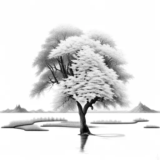 Ash Tree With Back Drop Of River And Mountain