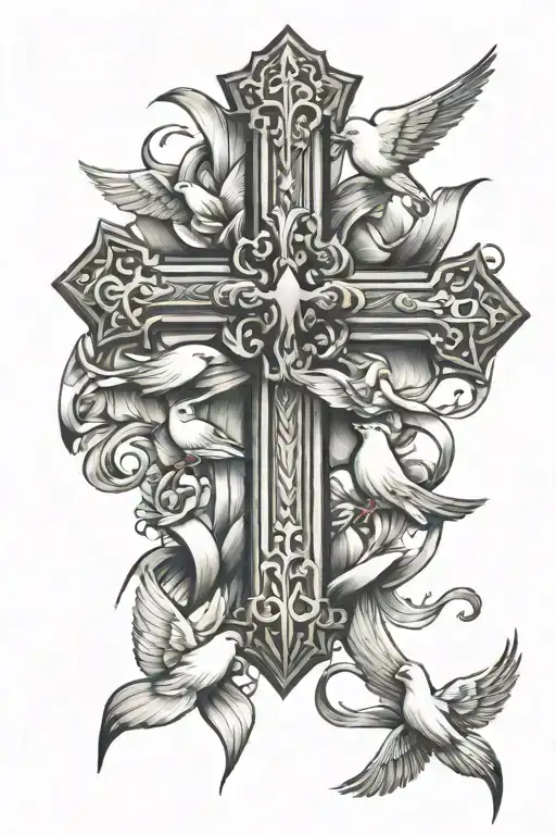 Wooden Cross With Cancer Ribbon With Doves Flying Away From The Top Of The Cross