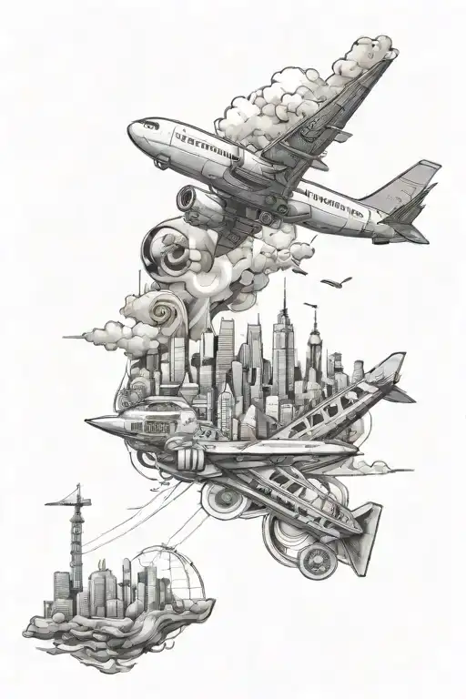 An Airplane Flying Over A City Skyline Made Up Of Different Culinary Symbols And Ingredients
