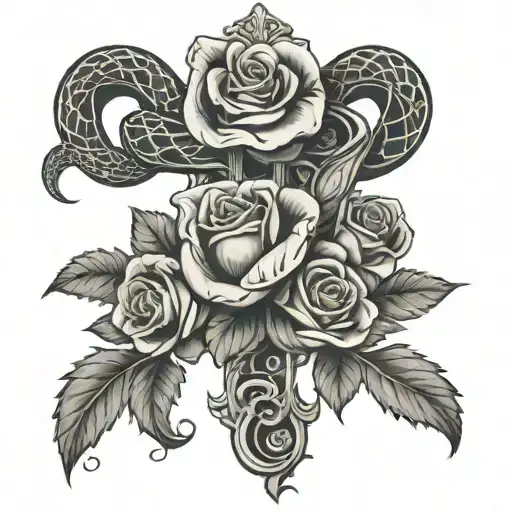 Religious Cross With A Snake And Rose Growing