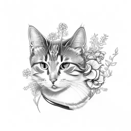 Fine Line Cat With Flowers