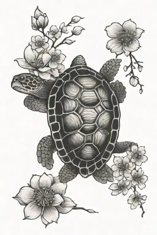 Turtle And Cherry Blossoms Made In Blackwork