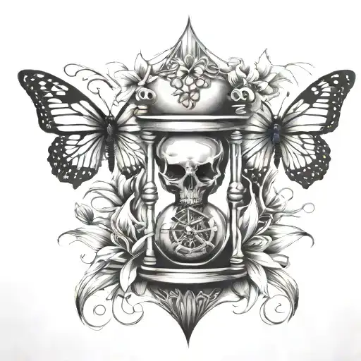 Hourglass With Skull With Spider Lily With Butterfly