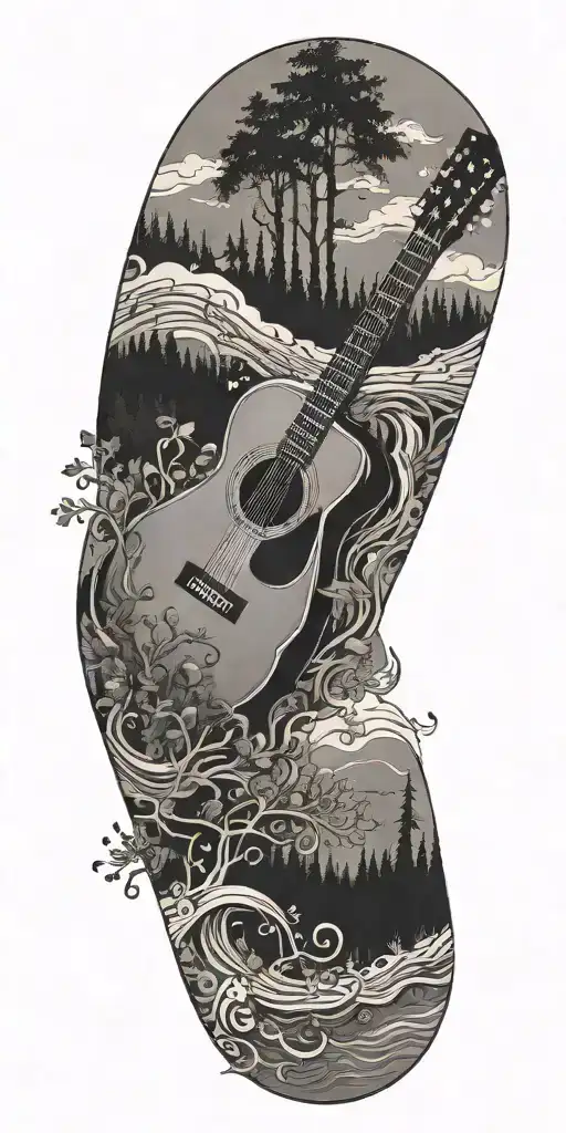 A River Winding Through A Forest With A Guitar And Music Notes Floating Above