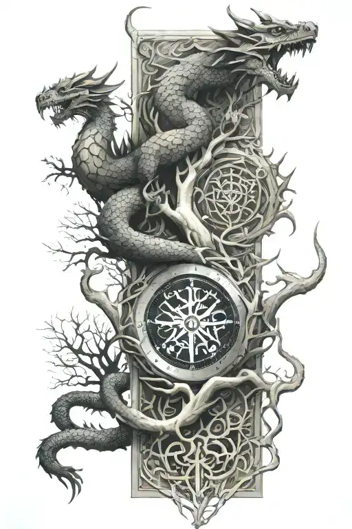 Vegvisir And Yggdrasil Dragon On Leg