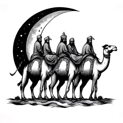 Crescent Moon And Three Wise Men On Three Camels