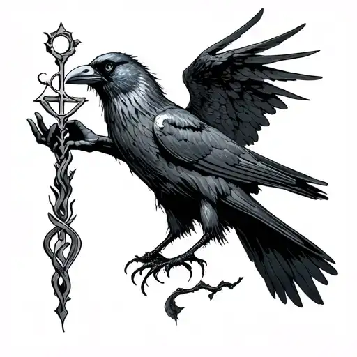 An Old Eldritch Raven Like God But Human Holding A Symbol In Its Hand