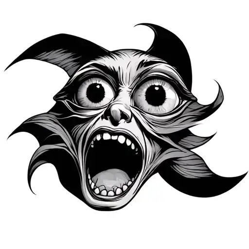 Line Tattoo Of 3 Eyed Cath With Open Mouth