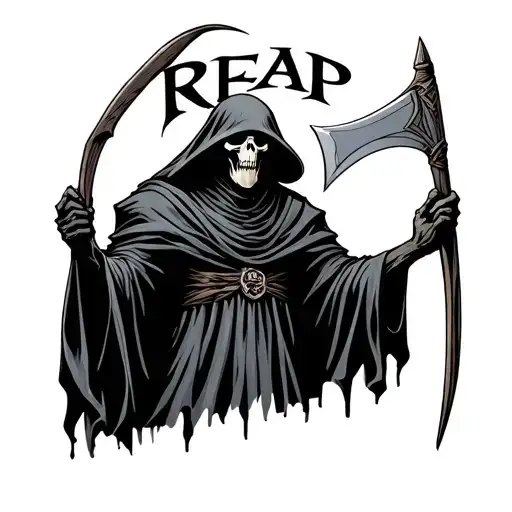Grim Reaper Standing Holding A Scythe With The Word Reap Above Him