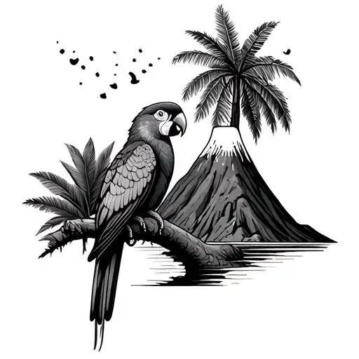Palm Tree Tattoo With A Parrot And Volcano And A Jaguara