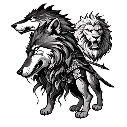 Wolf And Lion And Samurai Warrior